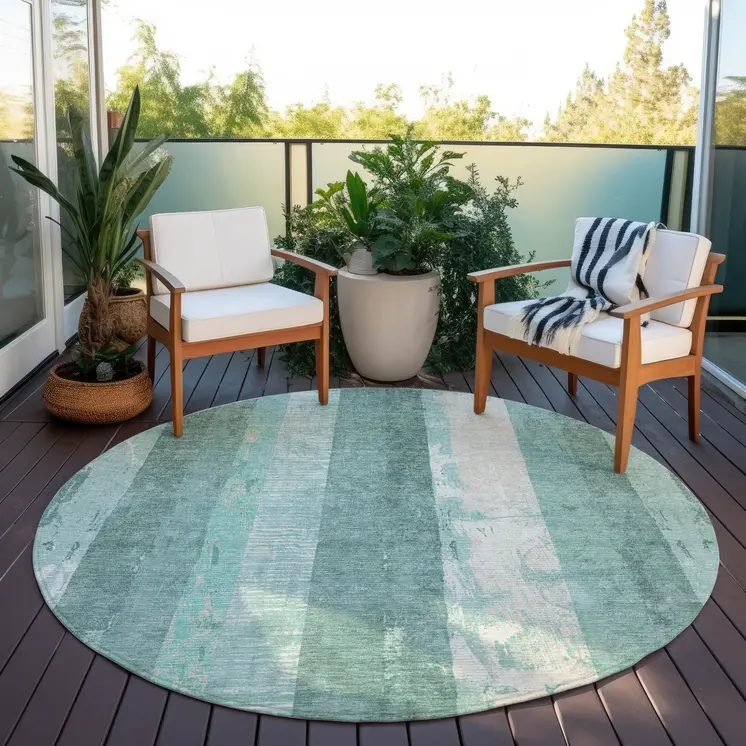 8' Pale Aqua And Teal Blue Round Striped Washable Indoor Outdoor Area Rug