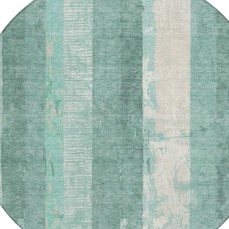 8' Pale Aqua And Teal Blue Round Striped Washable Indoor Outdoor Area Rug