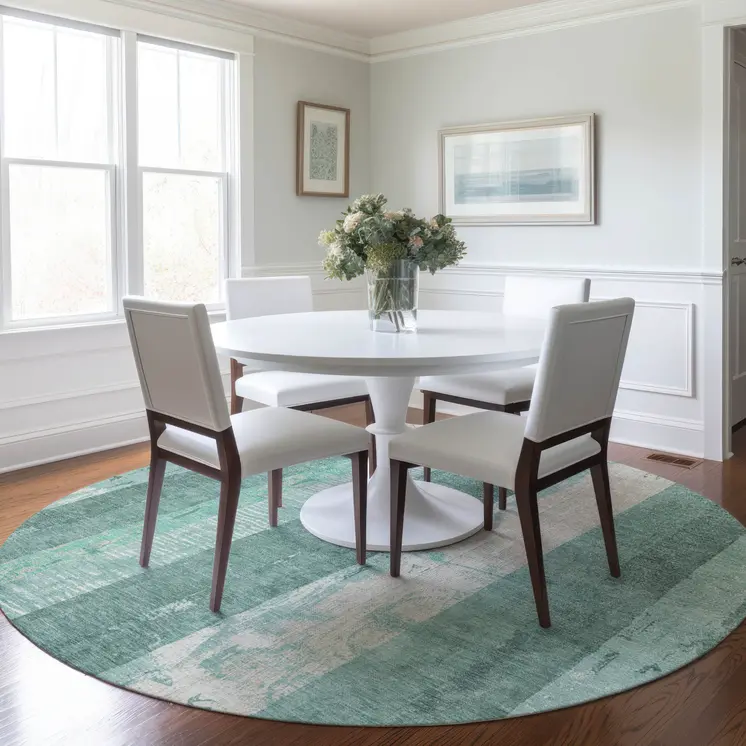 8' Pale Aqua And Teal Blue Round Striped Washable Indoor Outdoor Area Rug