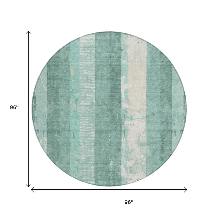 8' Pale Aqua And Teal Blue Round Striped Washable Indoor Outdoor Area Rug