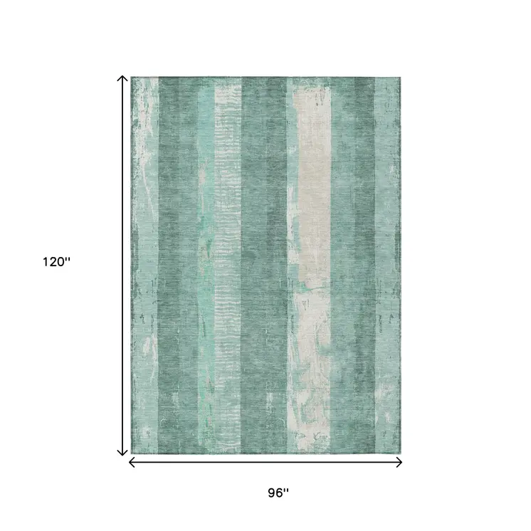 8' X 10' Pale Aqua And Teal Blue Striped Washable Indoor Outdoor Area Rug