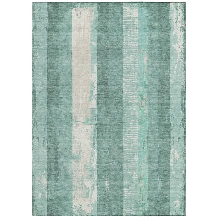 9' X 12' Pale Aqua And Teal Blue Striped Washable Indoor Outdoor Area Rug