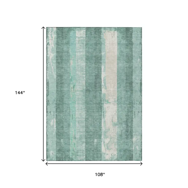 9' X 12' Pale Aqua And Teal Blue Striped Washable Indoor Outdoor Area Rug