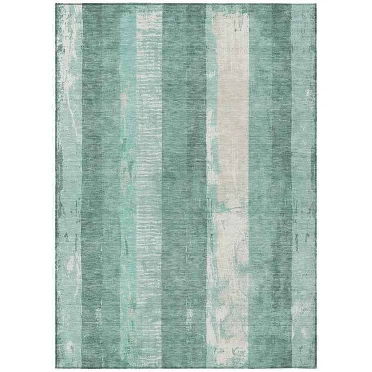 10' X 14' Pale Aqua And Teal Blue Striped Washable Indoor Outdoor Area Rug