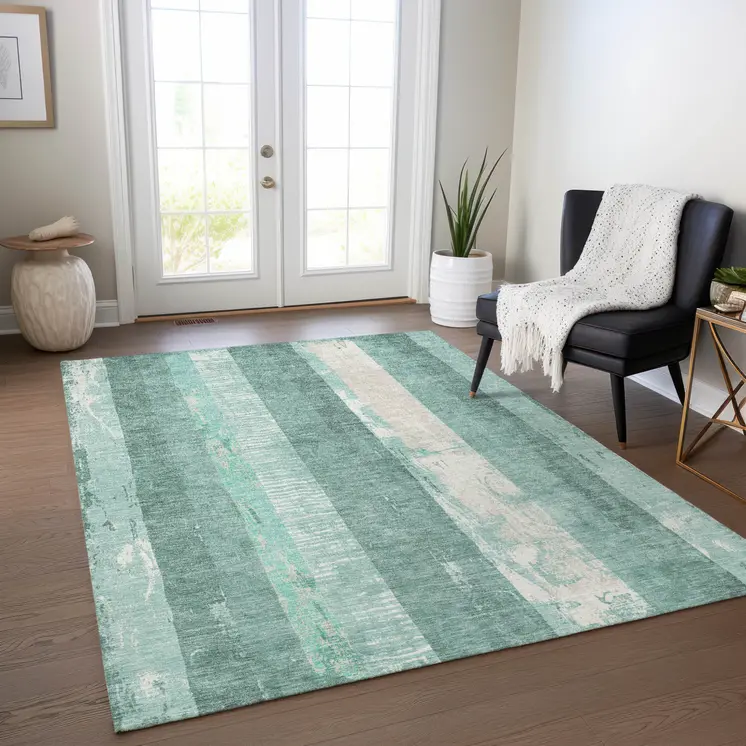 10' X 14' Pale Aqua And Teal Blue Striped Washable Indoor Outdoor Area Rug