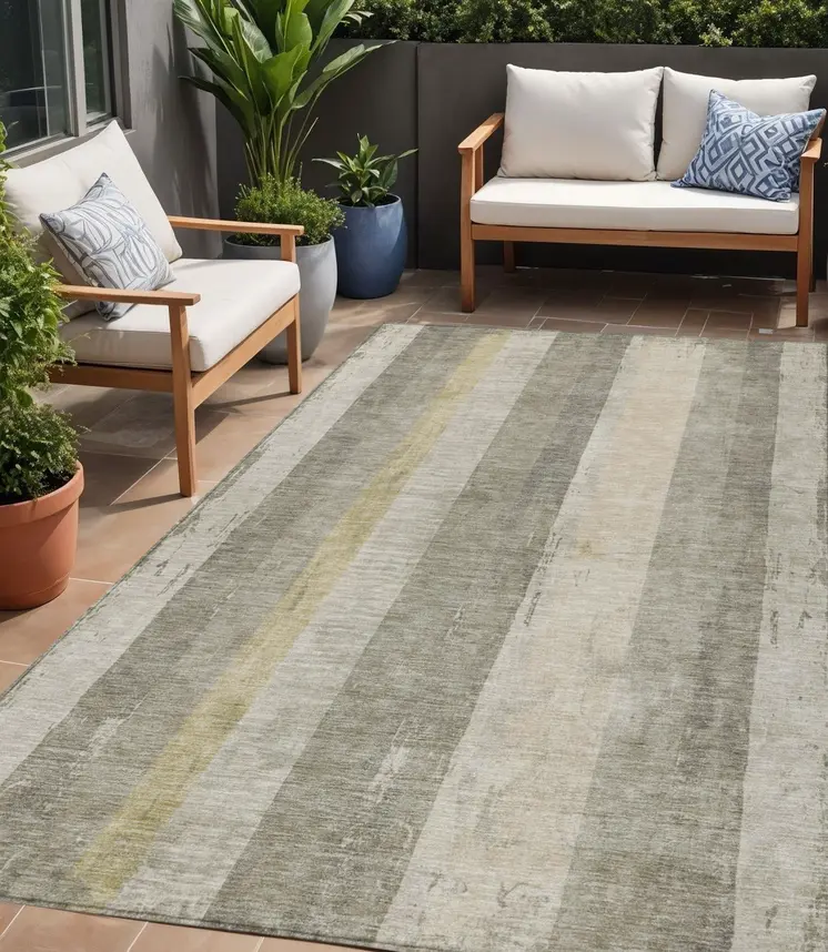5' X 8' Taupe And Beige Striped Washable Indoor Outdoor Area Rug