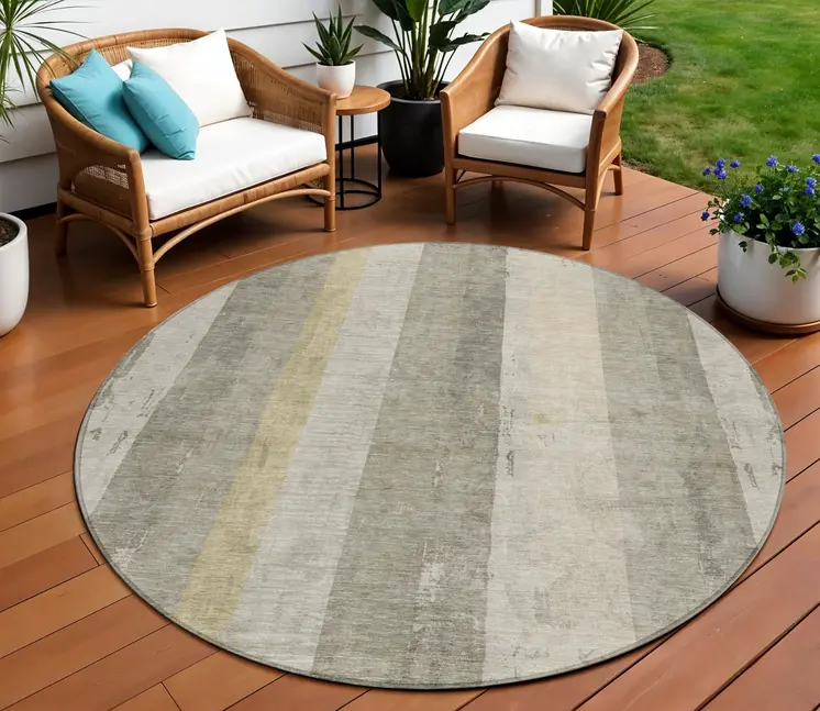 8' Taupe And Beige Round Striped Washable Indoor Outdoor Area Rug