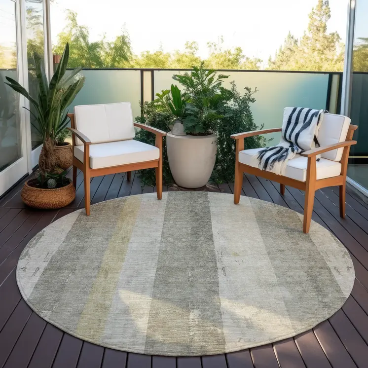 8' Taupe And Beige Round Striped Washable Indoor Outdoor Area Rug