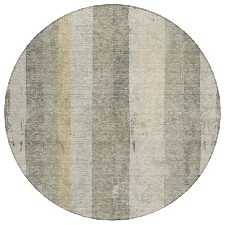 8' Taupe And Beige Round Striped Washable Indoor Outdoor Area Rug
