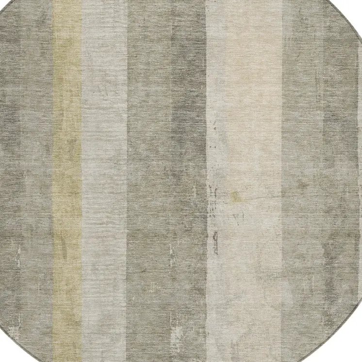 8' Taupe And Beige Round Striped Washable Indoor Outdoor Area Rug