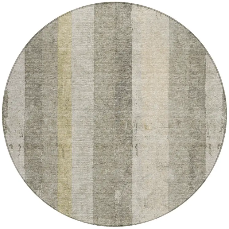8' Taupe And Beige Round Striped Washable Indoor Outdoor Area Rug