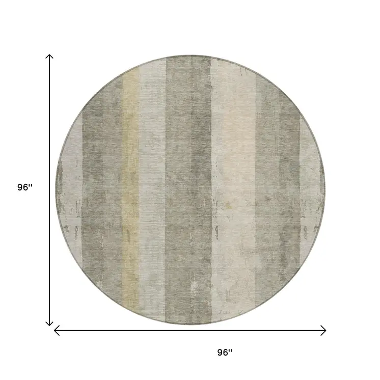8' Taupe And Beige Round Striped Washable Indoor Outdoor Area Rug
