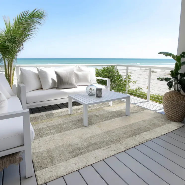 8' X 10' Taupe And Beige Striped Washable Indoor Outdoor Area Rug