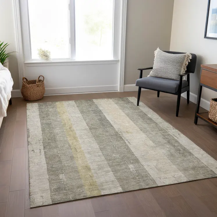 10' X 14' Taupe And Beige Striped Washable Indoor Outdoor Area Rug