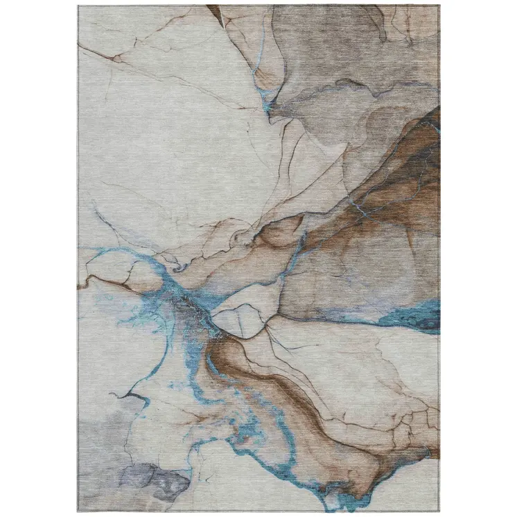 3' X 5' Beige And Blue Abstract Washable Indoor Outdoor Area Rug