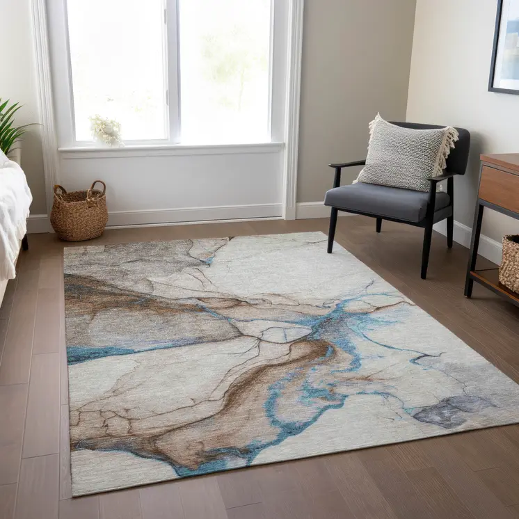 3' X 5' Beige And Blue Abstract Washable Indoor Outdoor Area Rug