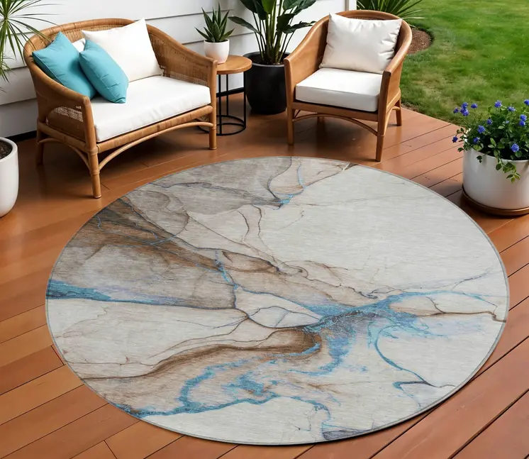 8' Beige And Blue Round Abstract Washable Indoor Outdoor Area Rug