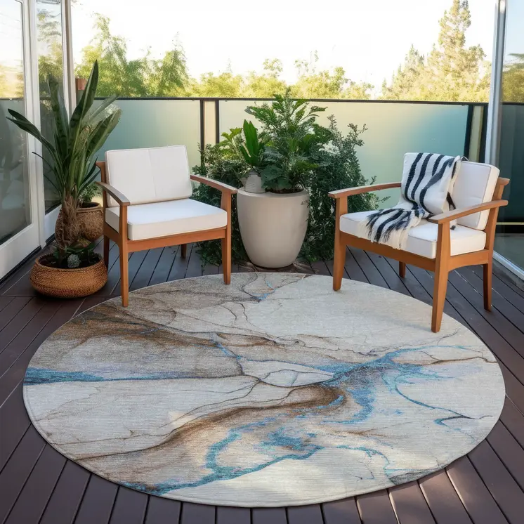8' Beige And Blue Round Abstract Washable Indoor Outdoor Area Rug