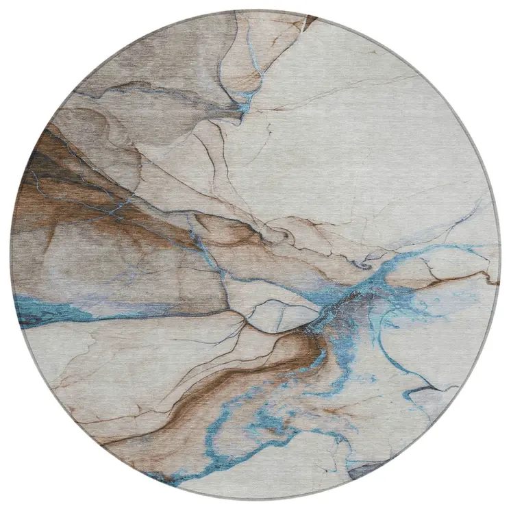 8' Beige And Blue Round Abstract Washable Indoor Outdoor Area Rug