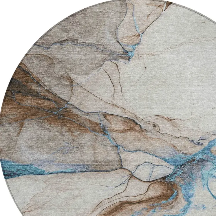 8' Beige And Blue Round Abstract Washable Indoor Outdoor Area Rug