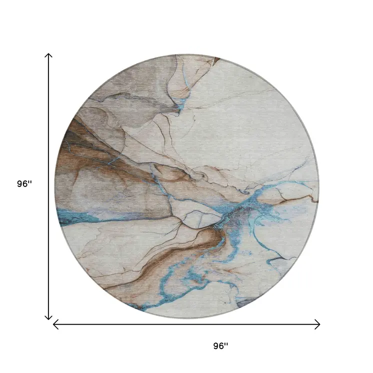 8' Beige And Blue Round Abstract Washable Indoor Outdoor Area Rug