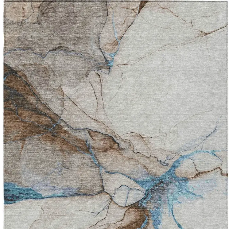 9' X 12' Beige And Blue Abstract Washable Indoor Outdoor Area Rug