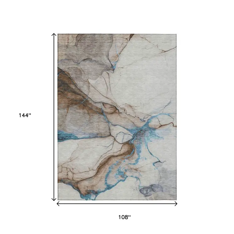 9' X 12' Beige And Blue Abstract Washable Indoor Outdoor Area Rug
