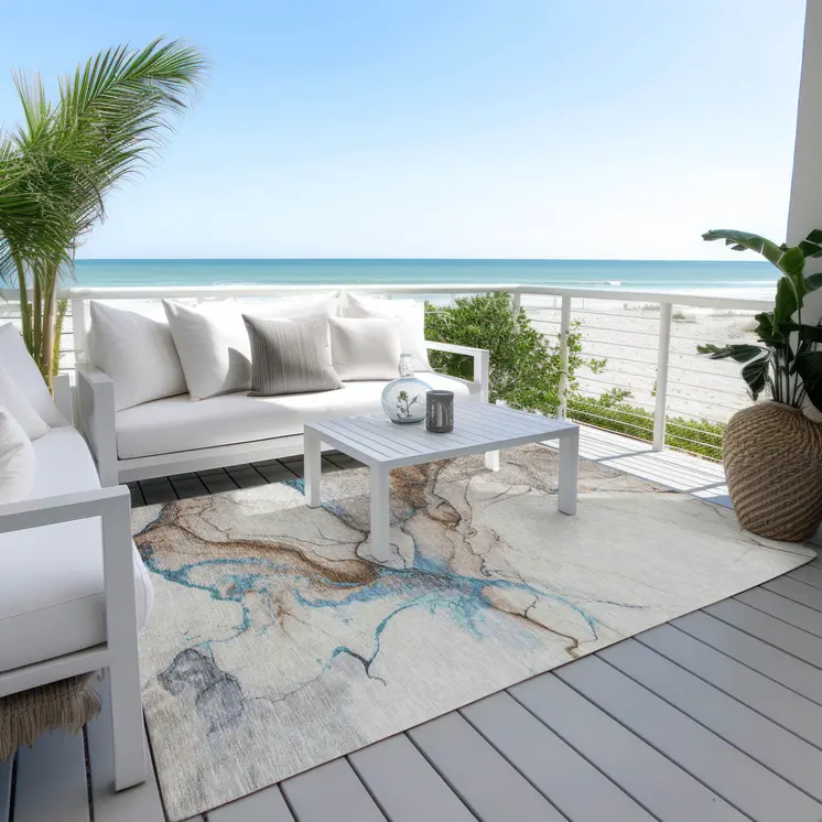 9' X 12' Beige And Blue Abstract Washable Indoor Outdoor Area Rug
