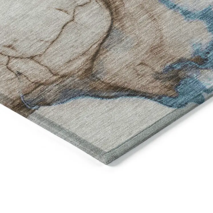 9' X 12' Beige And Blue Abstract Washable Indoor Outdoor Area Rug
