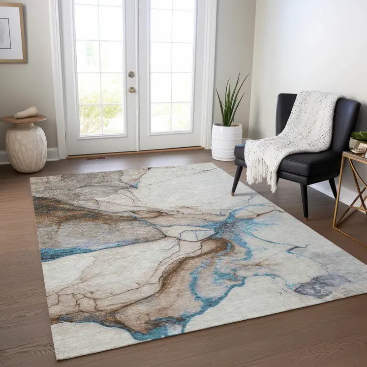 9' X 12' Beige And Blue Abstract Washable Indoor Outdoor Area Rug