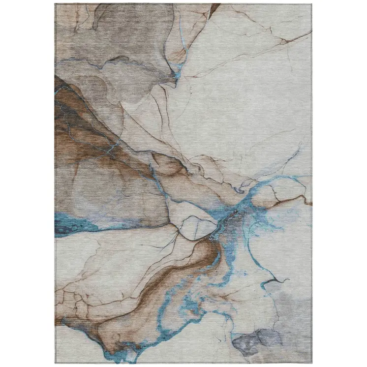 10' X 14' Beige And Blue Abstract Washable Indoor Outdoor Area Rug