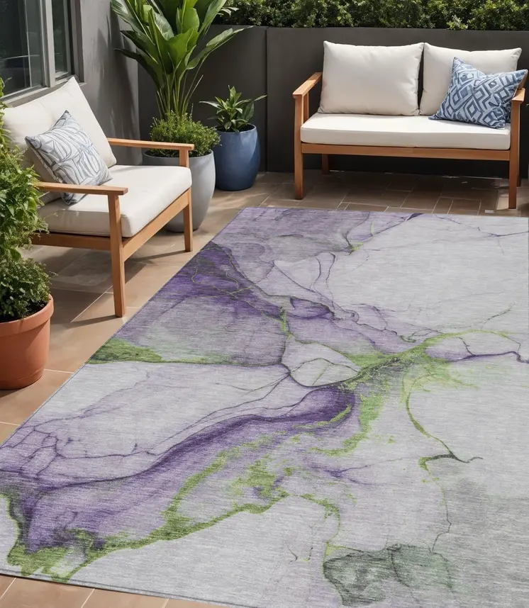 5' X 8' Purple And Fern Green Abstract Washable Indoor Outdoor Area Rug