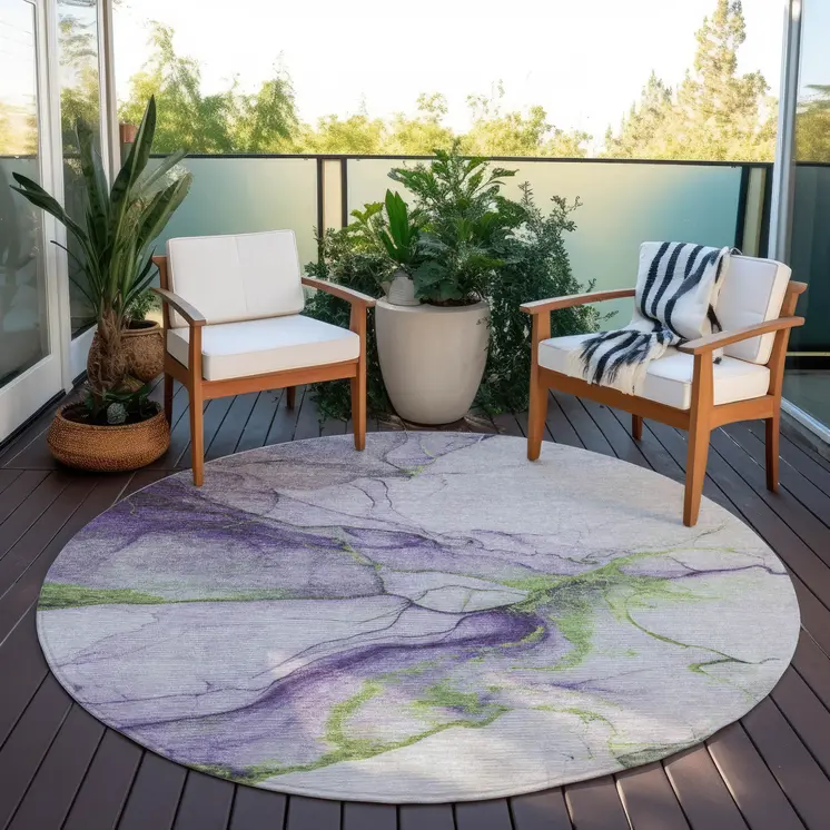 8' Purple And Fern Green Round Abstract Washable Indoor Outdoor Area Rug