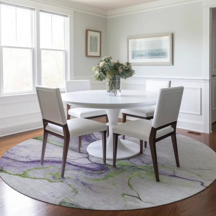 8' Purple And Fern Green Round Abstract Washable Indoor Outdoor Area Rug