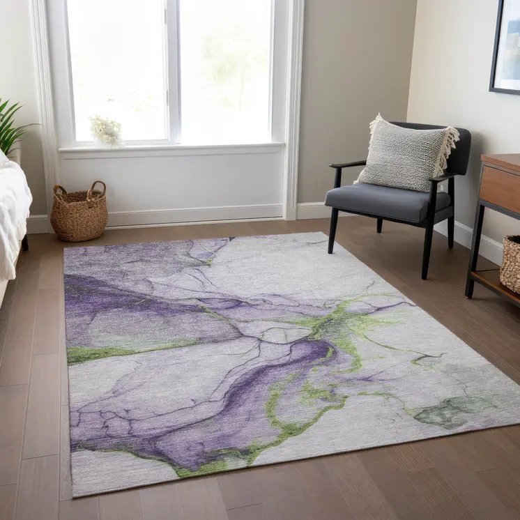 8' X 10' Purple And Fern Green Abstract Washable Indoor Outdoor Area Rug