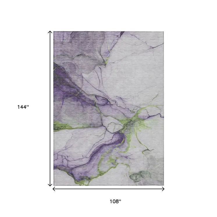9' X 12' Purple And Fern Green Abstract Washable Indoor Outdoor Area Rug