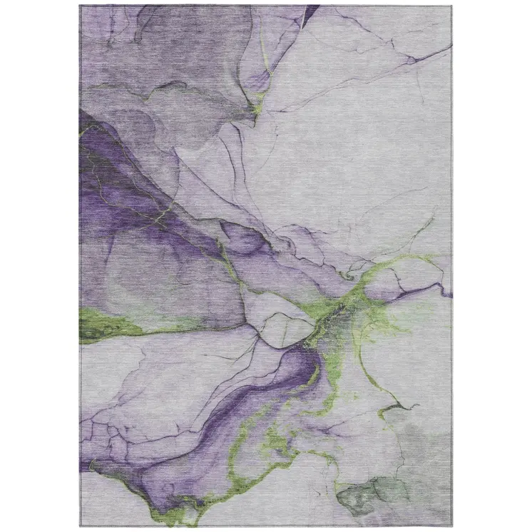 9' X 12' Purple And Fern Green Abstract Washable Indoor Outdoor Area Rug