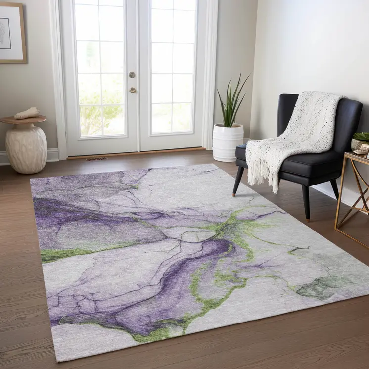 9' X 12' Purple And Fern Green Abstract Washable Indoor Outdoor Area Rug