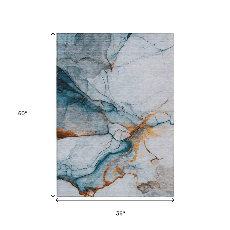 3' X 5' Sky Blue And Copper Abstract Washable Indoor Outdoor Area Rug