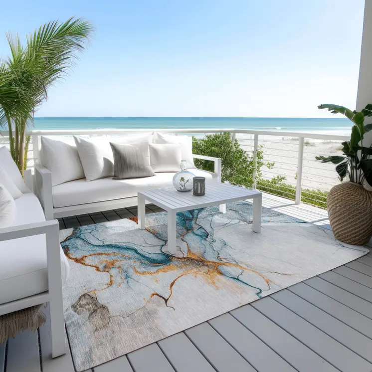 3' X 5' Sky Blue And Copper Abstract Washable Indoor Outdoor Area Rug