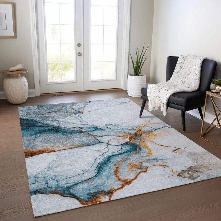 3' X 5' Sky Blue And Copper Abstract Washable Indoor Outdoor Area Rug