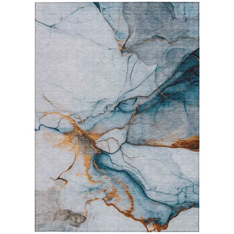 5' X 8' Sky Blue And Copper Abstract Washable Indoor Outdoor Area Rug