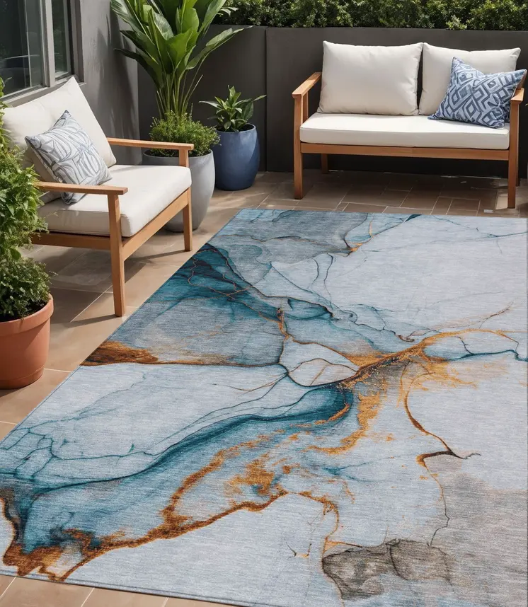 5' X 8' Sky Blue And Copper Abstract Washable Indoor Outdoor Area Rug