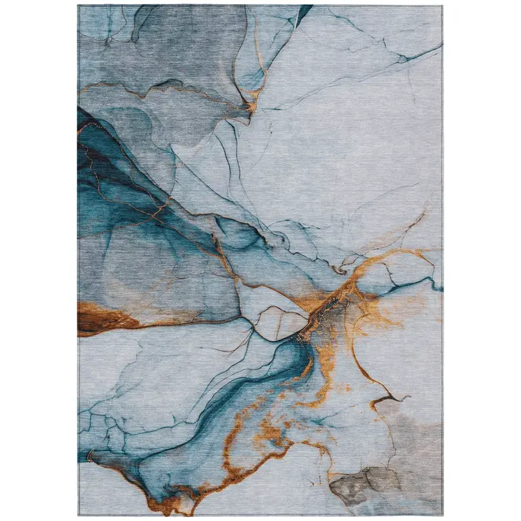 5' X 8' Sky Blue And Copper Abstract Washable Indoor Outdoor Area Rug
