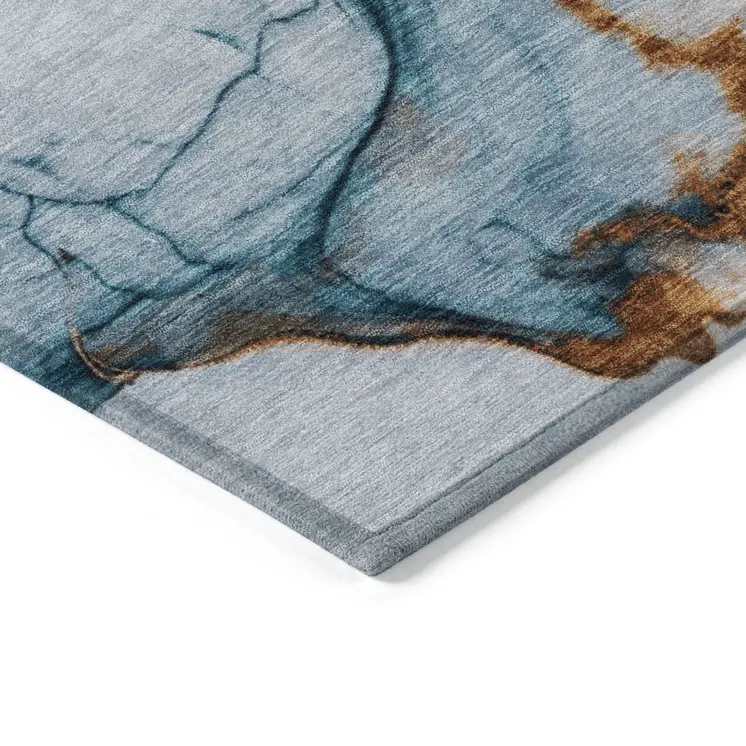 5' X 8' Sky Blue And Copper Abstract Washable Indoor Outdoor Area Rug