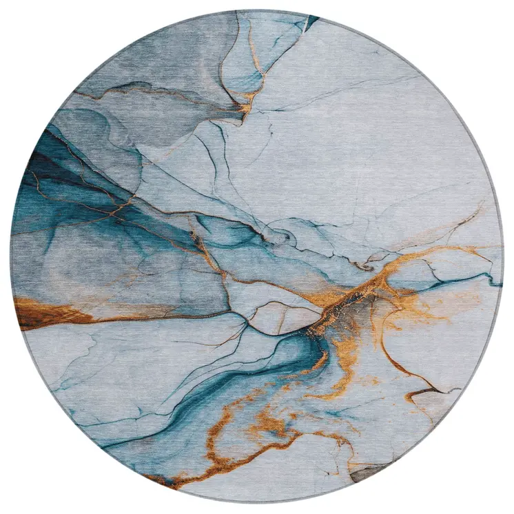 8' Sky Blue And Copper Round Abstract Washable Indoor Outdoor Area Rug