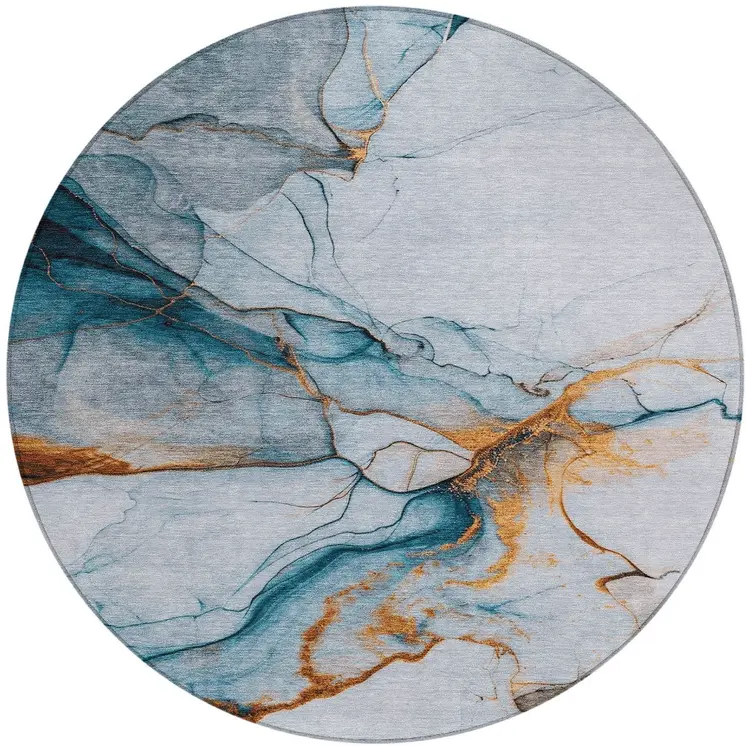 8' Sky Blue And Copper Round Abstract Washable Indoor Outdoor Area Rug