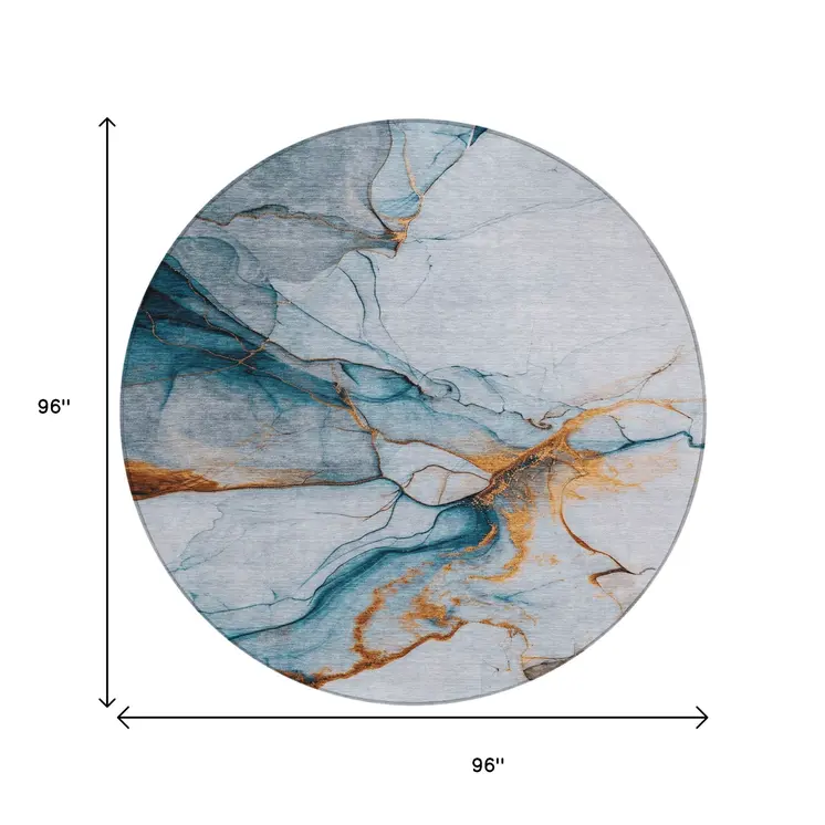 8' Sky Blue And Copper Round Abstract Washable Indoor Outdoor Area Rug