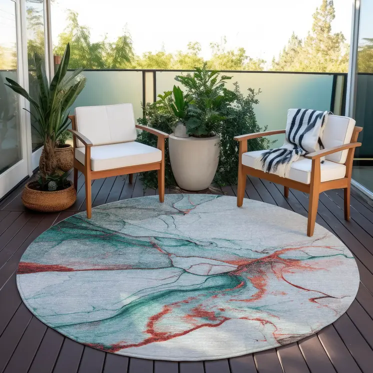 8' Teal Blue And Terra Cotta Round Abstract Washable Indoor Outdoor Area Rug