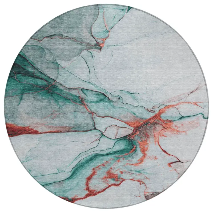 8' Teal Blue And Terra Cotta Round Abstract Washable Indoor Outdoor Area Rug